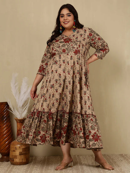 Cotton Calf Length Printed Flared 3/4 Sleeves V-Neck Kurta