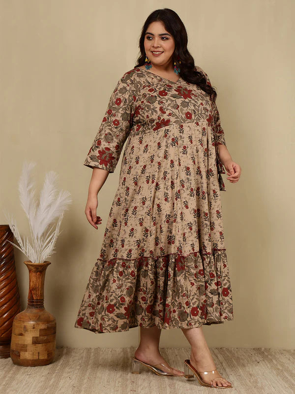 Cotton Calf Length Printed Flared 3/4 Sleeves V-Neck Kurta