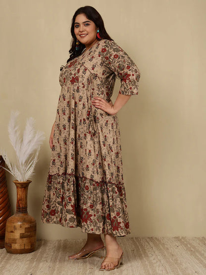 Cotton Calf Length Printed Flared 3/4 Sleeves V-Neck Kurta