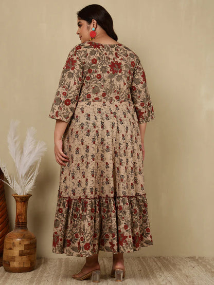 Cotton Calf Length Printed Flared 3/4 Sleeves V-Neck Kurta