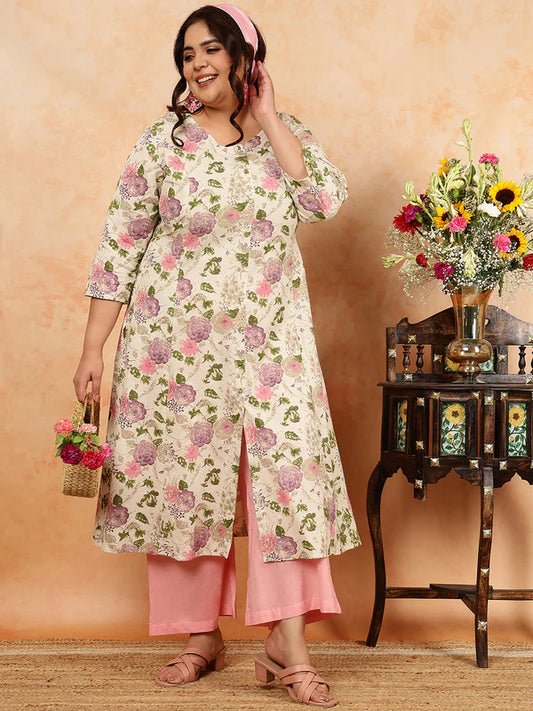 Cotton Flex Calf Length Printed A-Line 3/4 Sleeves Round Kurta