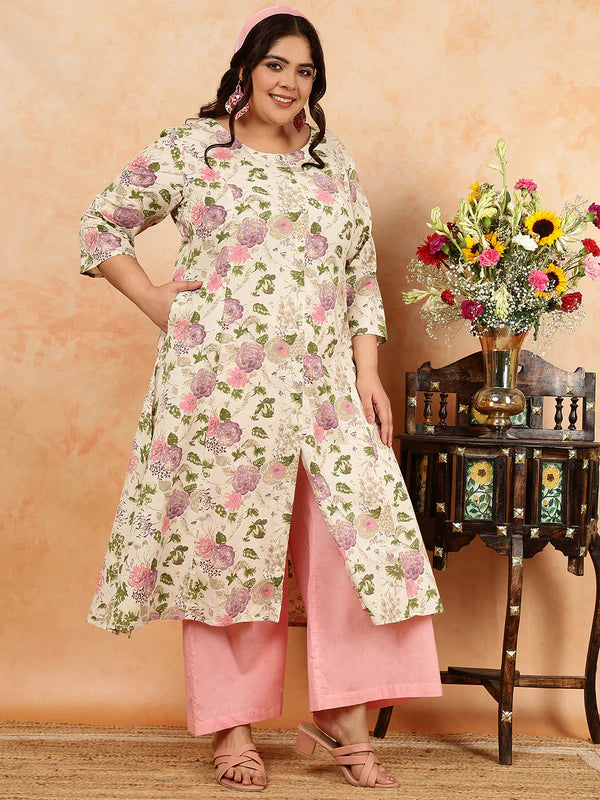 Cotton Flex Calf Length Printed A-Line 3/4 Sleeves Round Kurta