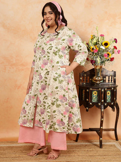 Cotton Flex Calf Length Printed A-Line 3/4 Sleeves Round Kurta