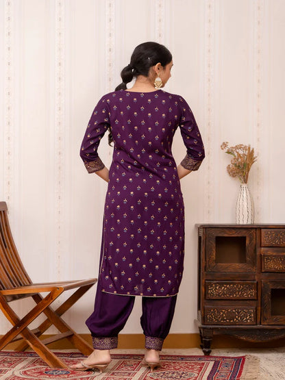 PURPLE GOLD PRINTED COTTON STRAIGHT KURTA SET WITH DUPATTA