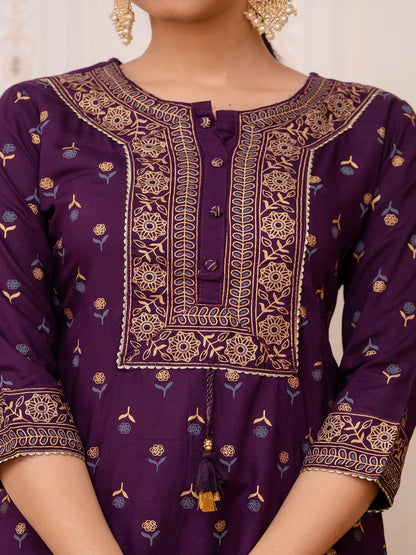 PURPLE GOLD PRINTED COTTON STRAIGHT KURTA SET WITH DUPATTA