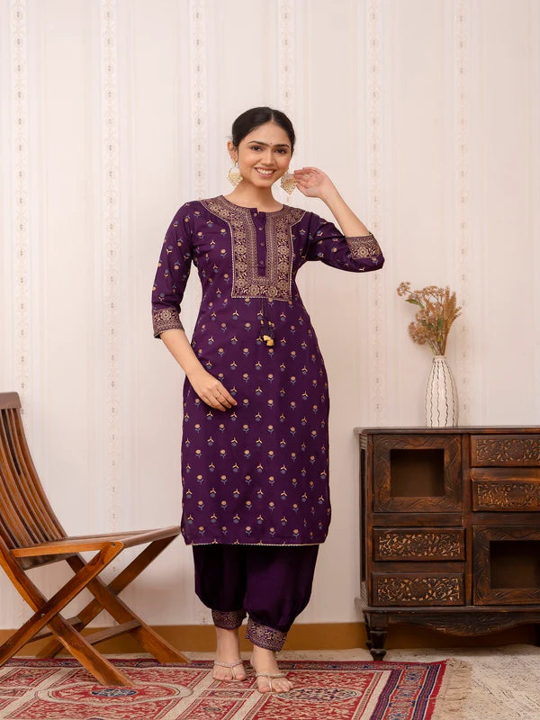 PURPLE GOLD PRINTED COTTON STRAIGHT KURTA SET WITH DUPATTA