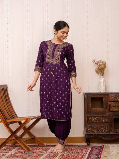 PURPLE GOLD PRINTED COTTON STRAIGHT KURTA SET WITH DUPATTA