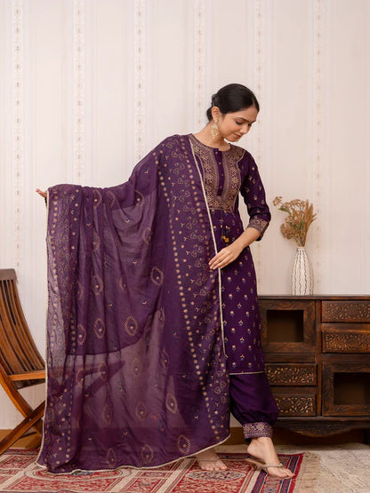 PURPLE GOLD PRINTED COTTON STRAIGHT KURTA SET WITH DUPATTA