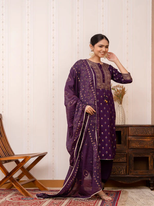 PURPLE GOLD PRINTED COTTON STRAIGHT KURTA SET WITH DUPATTA