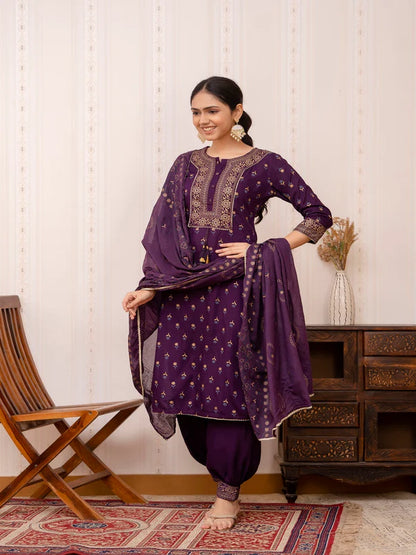 PURPLE GOLD PRINTED COTTON STRAIGHT KURTA SET WITH DUPATTA