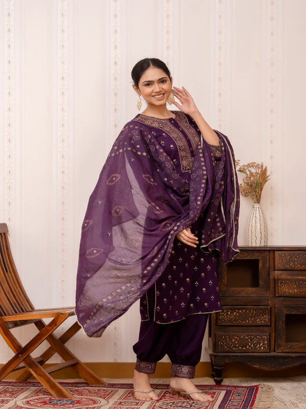 PURPLE GOLD PRINTED COTTON STRAIGHT KURTA SET WITH DUPATTA