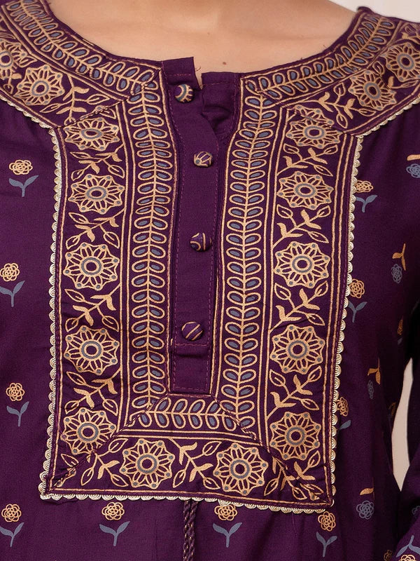 PURPLE GOLD PRINTED COTTON STRAIGHT KURTA SET WITH DUPATTA