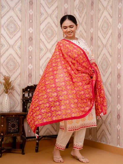 BEIGE EMBROIDERED PRINTED COTTON STRAIGHT KURTA SET WITH DUPATTA