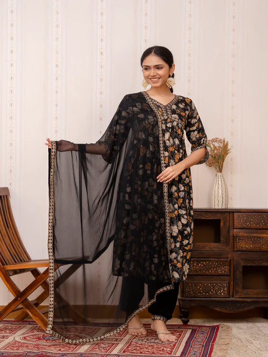 BLACK EMBROIDERED PRINTED COTTON KURTA SET WITH DUPATTA