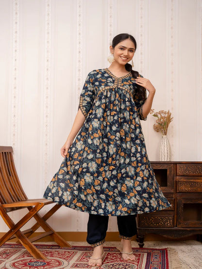 BLUE EMBROIDERED PRINTED COTTON STRAIGHT KURTA SET WITH DUPATTA