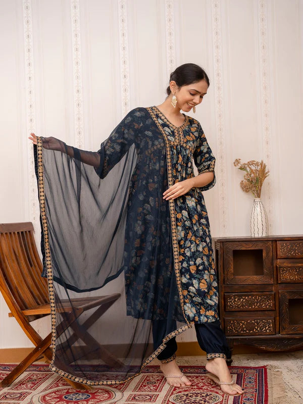 BLUE EMBROIDERED PRINTED COTTON STRAIGHT KURTA SET WITH DUPATTA