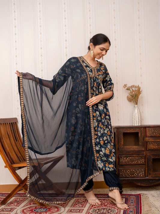 BLUE EMBROIDERED PRINTED COTTON STRAIGHT KURTA SET WITH DUPATTA