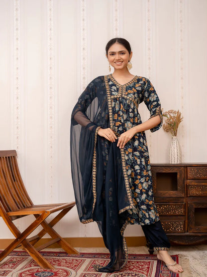 BLUE EMBROIDERED PRINTED COTTON STRAIGHT KURTA SET WITH DUPATTA