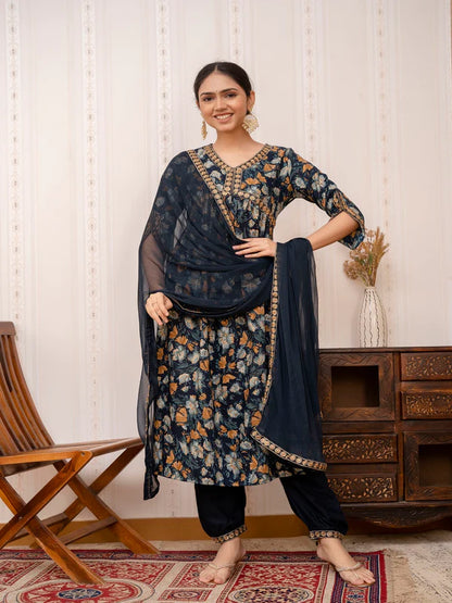 BLUE EMBROIDERED PRINTED COTTON STRAIGHT KURTA SET WITH DUPATTA