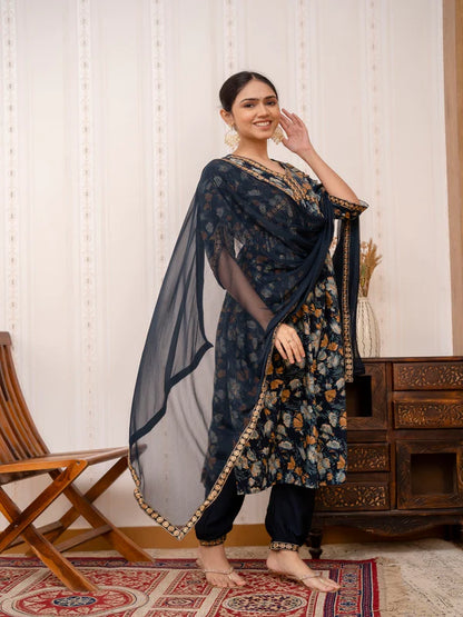 BLUE EMBROIDERED PRINTED COTTON STRAIGHT KURTA SET WITH DUPATTA