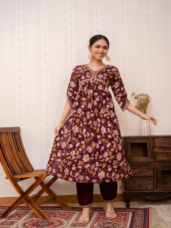 MAROON EMBROIDERED PRINTED COTTON STRAIGHT KURTA SET WITH DUPATTA