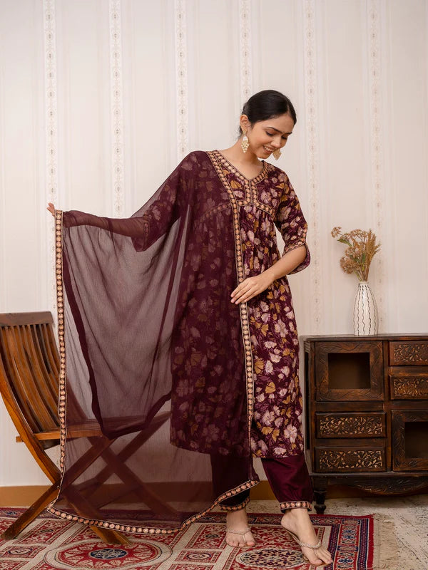 MAROON EMBROIDERED PRINTED COTTON STRAIGHT KURTA SET WITH DUPATTA