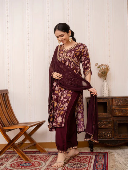 MAROON EMBROIDERED PRINTED COTTON STRAIGHT KURTA SET WITH DUPATTA