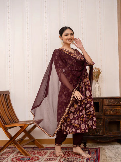 MAROON EMBROIDERED PRINTED COTTON STRAIGHT KURTA SET WITH DUPATTA