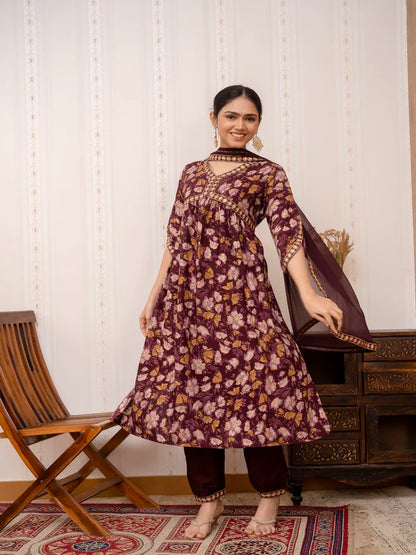 MAROON EMBROIDERED PRINTED COTTON STRAIGHT KURTA SET WITH DUPATTA