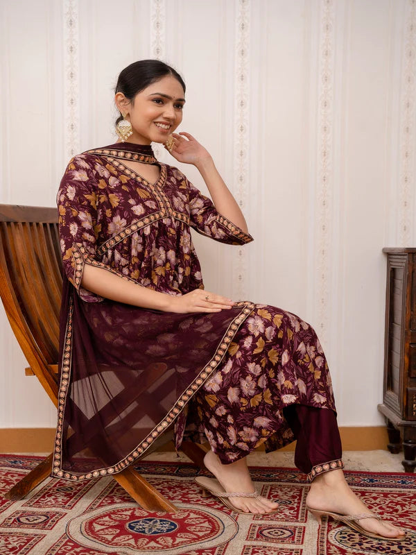 MAROON EMBROIDERED PRINTED COTTON STRAIGHT KURTA SET WITH DUPATTA