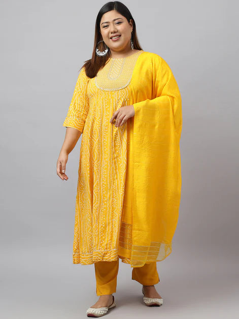 Yellow Rayon Bandhani Kurta with Pant and Dupatta