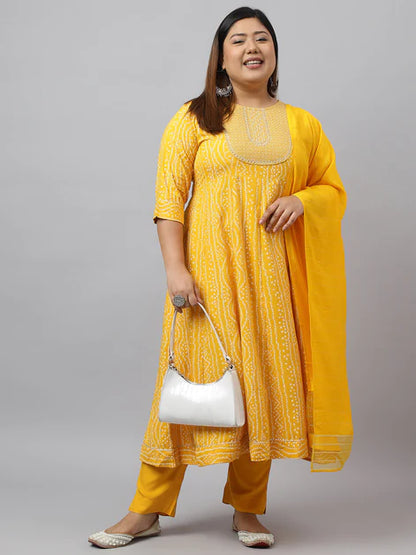 Yellow Rayon Bandhani Kurta with Pant and Dupatta