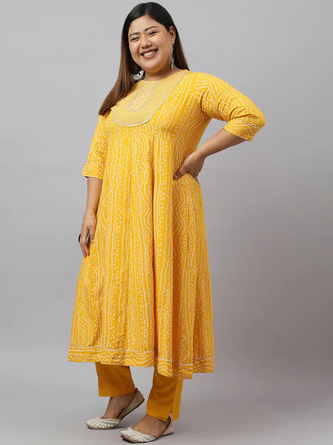 Yellow Rayon Bandhani Kurta with Pant and Dupatta