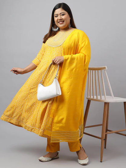 Yellow Rayon Bandhani Kurta with Pant and Dupatta