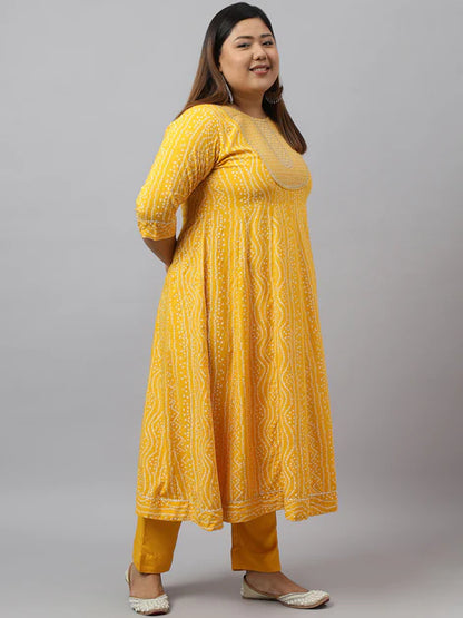 Yellow Rayon Bandhani Kurta with Pant and Dupatta