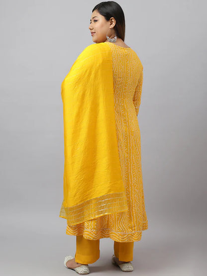 Yellow Rayon Bandhani Kurta with Pant and Dupatta