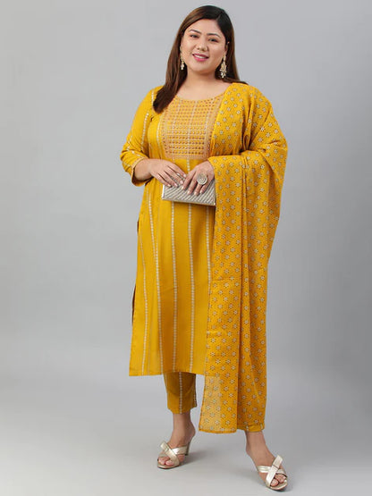 Plus Size Mustard Rayon Kurta With Pant and Dupatta