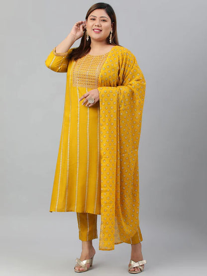 Plus Size Mustard Rayon Kurta With Pant and Dupatta