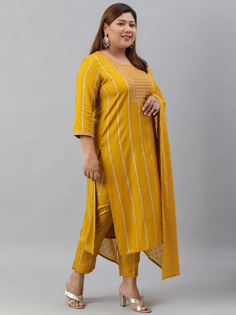 Plus Size Mustard Rayon Kurta With Pant and Dupatta