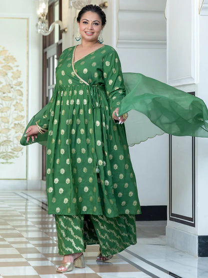 Green Brocade Woven Design Kurta with Palazzo and Dupatta