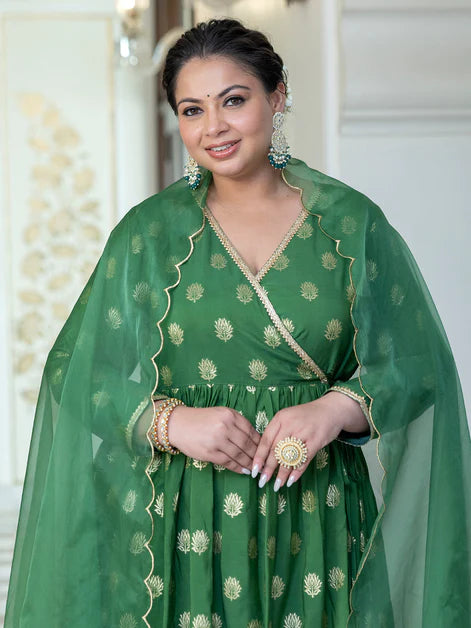 Green Brocade Woven Design Kurta with Palazzo and Dupatta