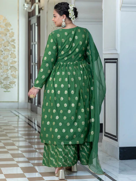 Green Brocade Woven Design Kurta with Palazzo and Dupatta