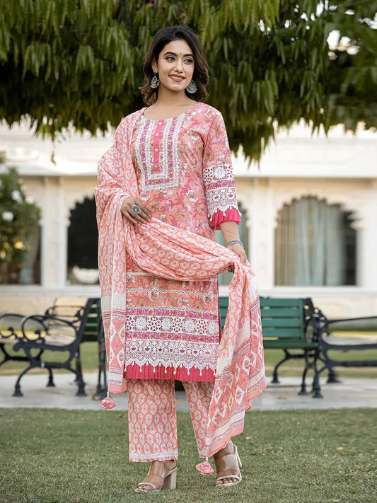 Peach Floral Print Straight Pakistani Style Kurta Trouser And Dupatta Set-Yufta Store-6889SKDPCM