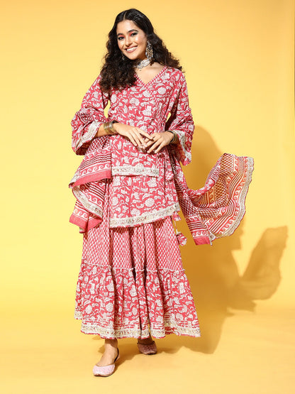 Peach Printed Kurti Skirt & Dupatta-Yufta Store-9663LEHPCXS