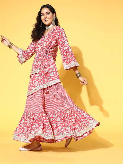 Peach Printed Kurti Skirt & Dupatta-Yufta Store-9663LEHPCXS