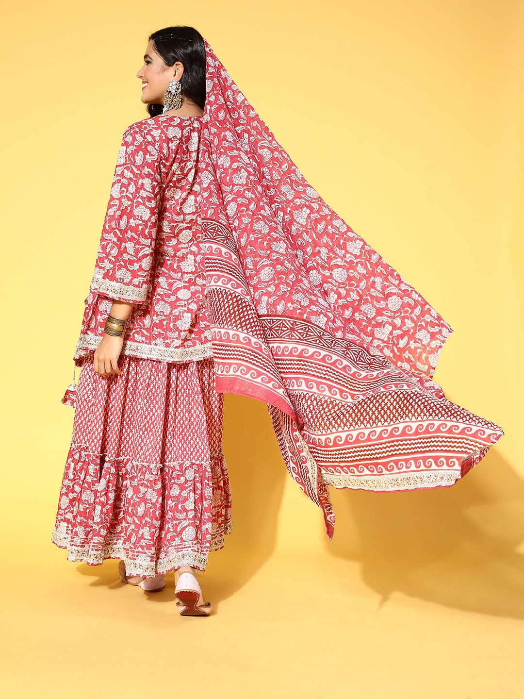 Peach Printed Kurti Skirt & Dupatta-Yufta Store-9663LEHPCXS