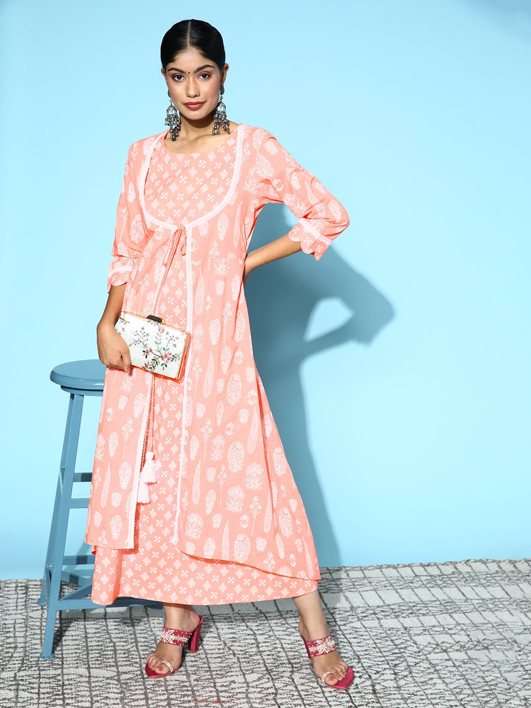 Peach & White Ethnic A-Line Midi Dress-Yufta Store-9585DRSPCS