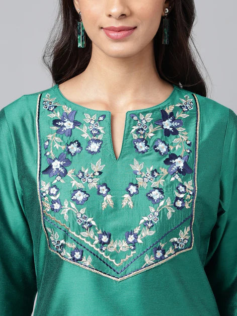 Peacock Green Poly Silk Solid Straight Kurta Orchids Boutique