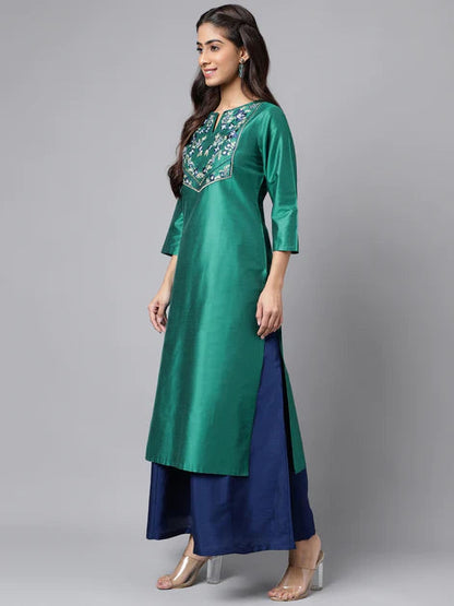 Peacock Green Poly Silk Solid Straight Kurta Orchids Boutique