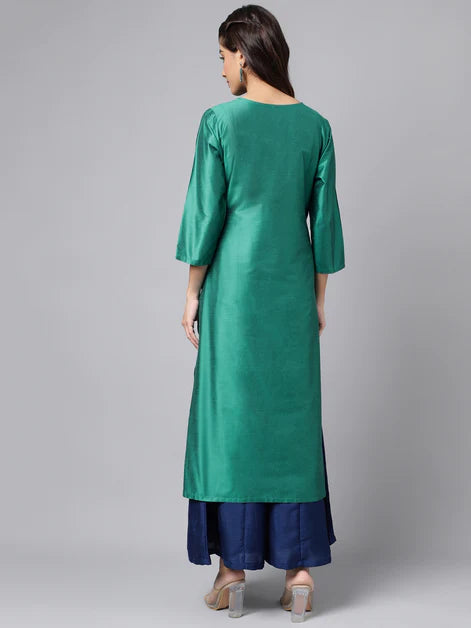 Peacock Green Poly Silk Solid Straight Kurta Orchids Boutique